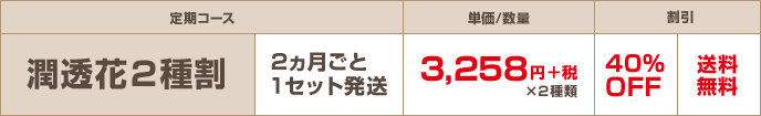 定期コース 潤透花2種割　2ヶ月ごと 各１セット発送　単価/数量 3,420円 ×2種類 　割引 40% OFF　送料無料