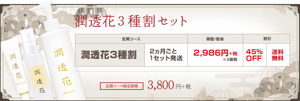 潤透花３種割セット 定期コース 単価/数量 割引 潤透花3種割 ２ヵ月ごと１セット発送 2,986円＋税×3種類 45%OFF 送料無料 定期コース限定価格 3,800円＋税