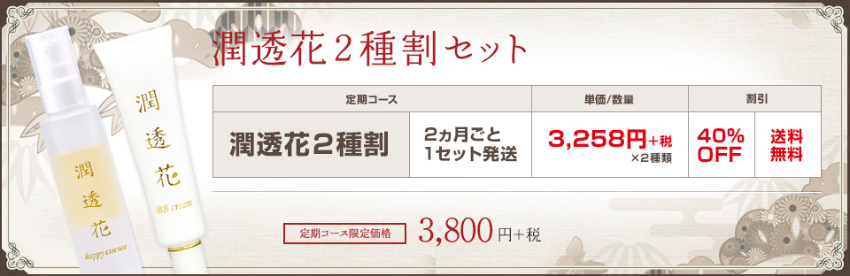 潤透花２種割セット 定期コース 単価/数量 割引 潤透花２種割 ２ヵ月ごと１セット発送 3,258円＋税×２種類 40%OFF 送料無料 定期コース限定価格 3,800円＋税